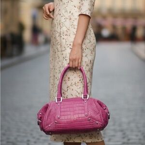 Jennifer Scott Fuchsia Leather Crocodile Print Handbag